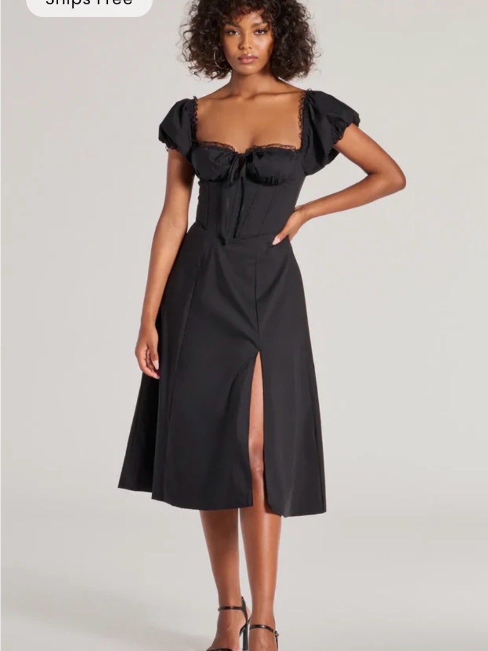Elegant Black Puff-Sleeve Corset Midi Dress